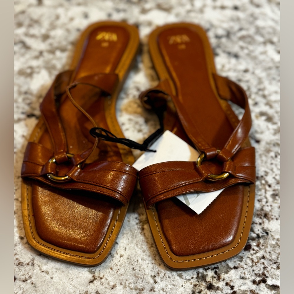 Zara Tan Leather Sandals with Ring Accent